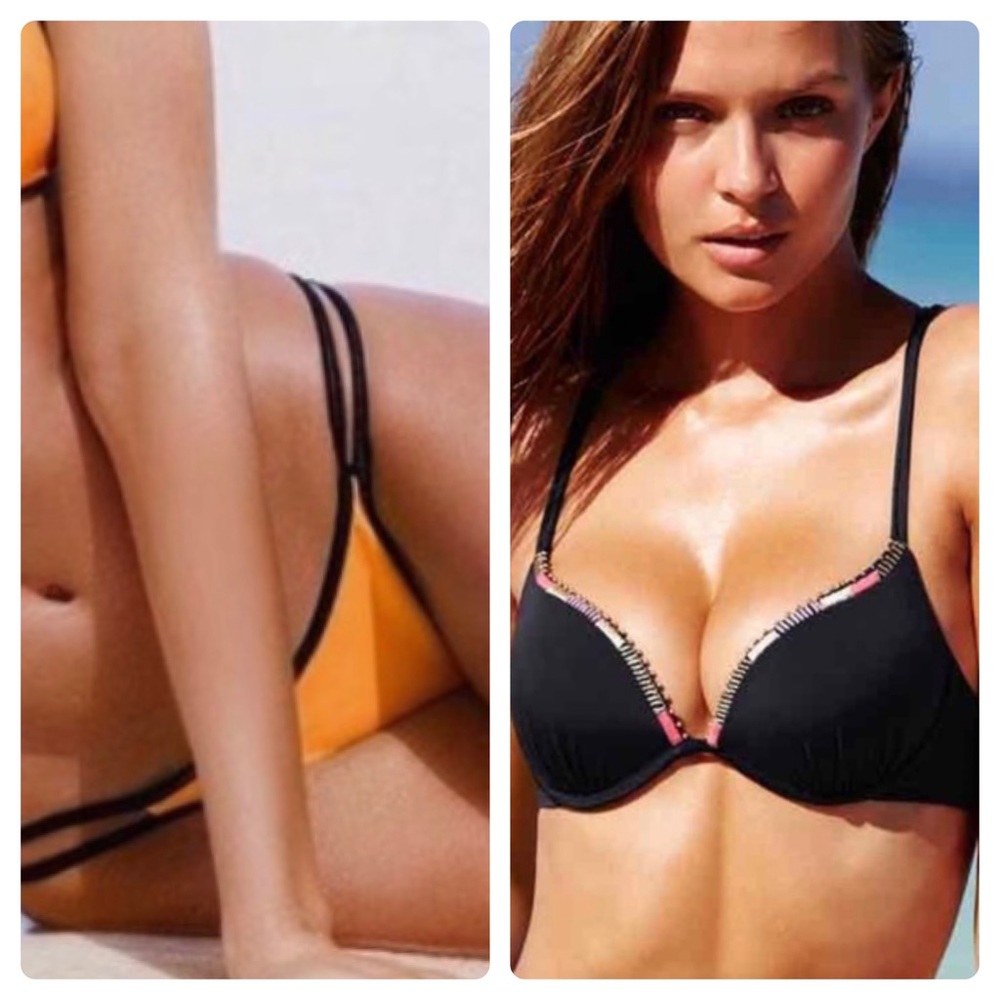 (34C/M) Victoria’s Secret Strappy Push-Up Bikini Swimsuit Black Orange Medium